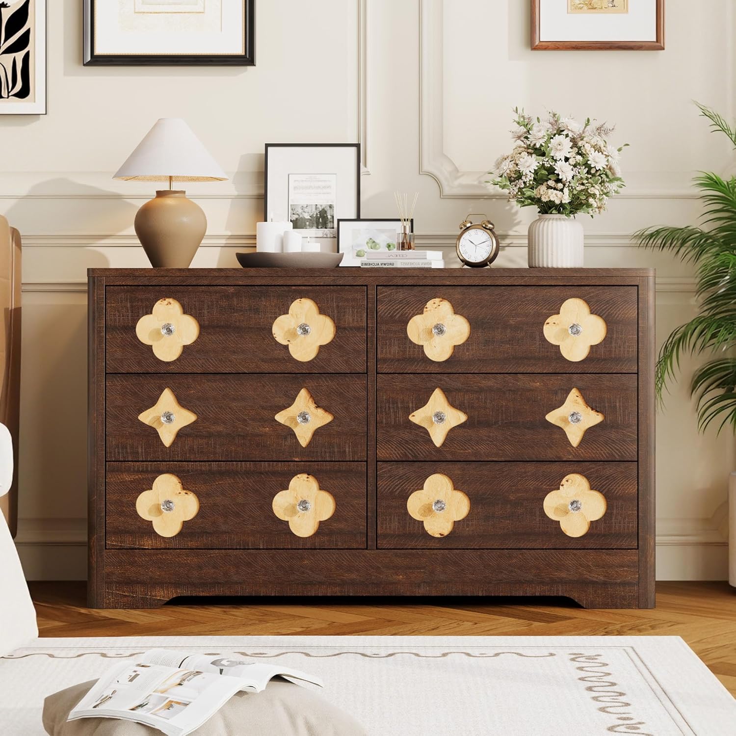 Garvee 6 Drawer Dresser for Bedroom, 47.2'' Wide Dresser, Boho Chest of Drawers, Wooden Chest with Clothes Storage Cabinet, Decorative Drawer Front Organizer for Bedroom, Living Room, Brown