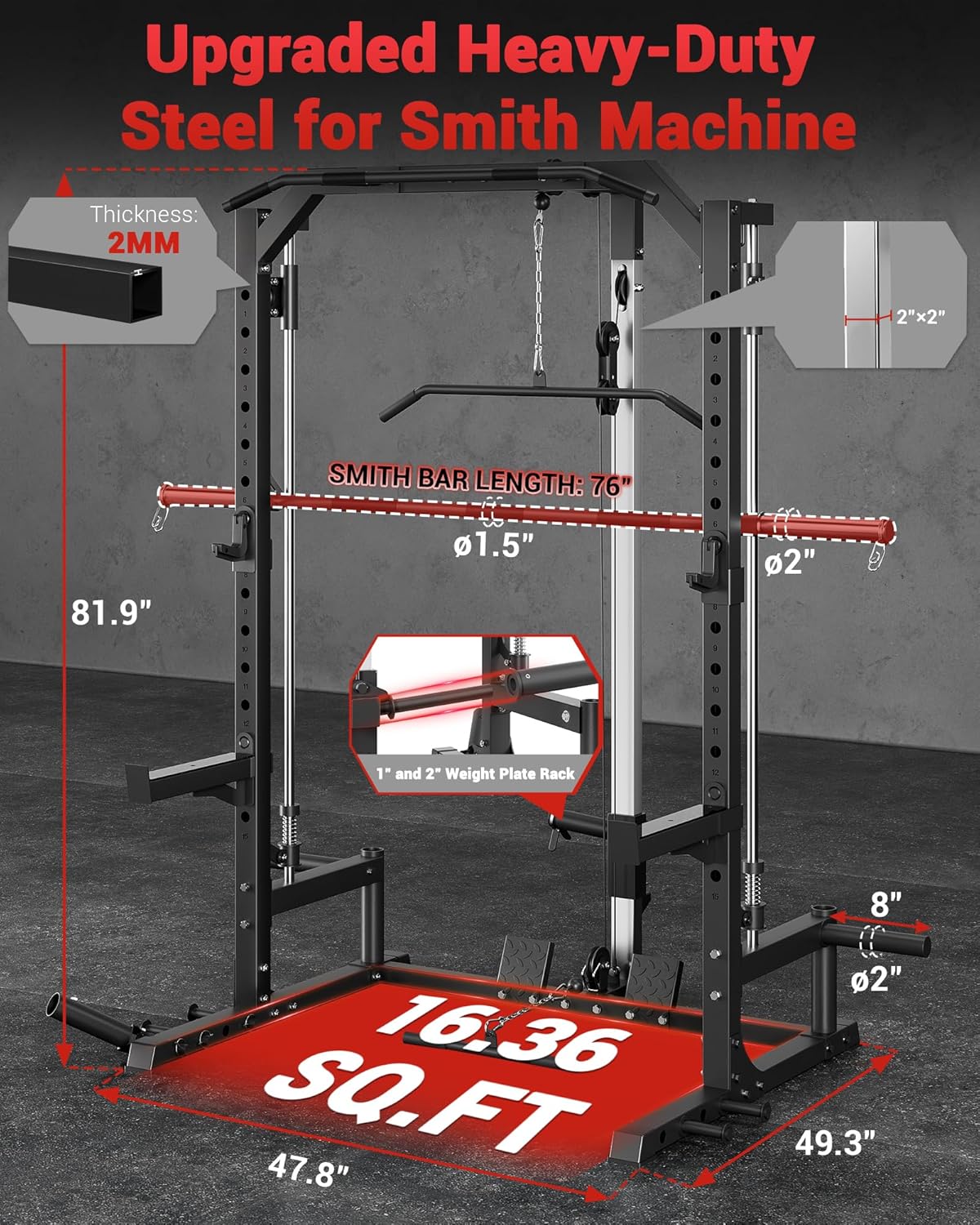 GARVEE Smith Machine Home Gym with Barbell Bar, Cable System, Lat Pulldown Attachments, Safety Spotter Arms, J Hooks, Landmine, Multi-Functional Squat Rack for Full Body Strength Training