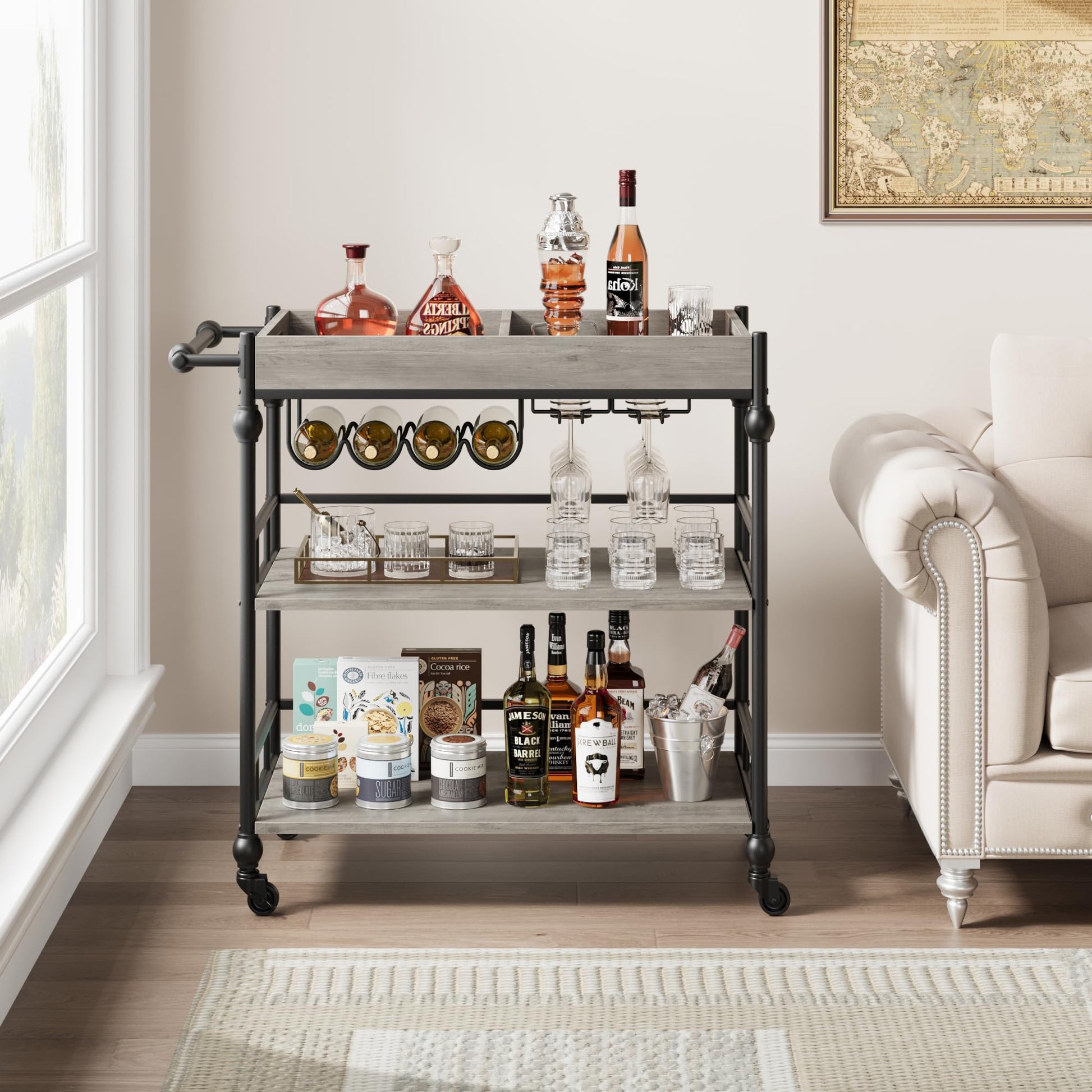 3 Tier Bar Cart with Wheels, Rolling Cart with Wine Rack and Glasses Holder, Bar Cart, for Kitchen, Living Room, Dining Room