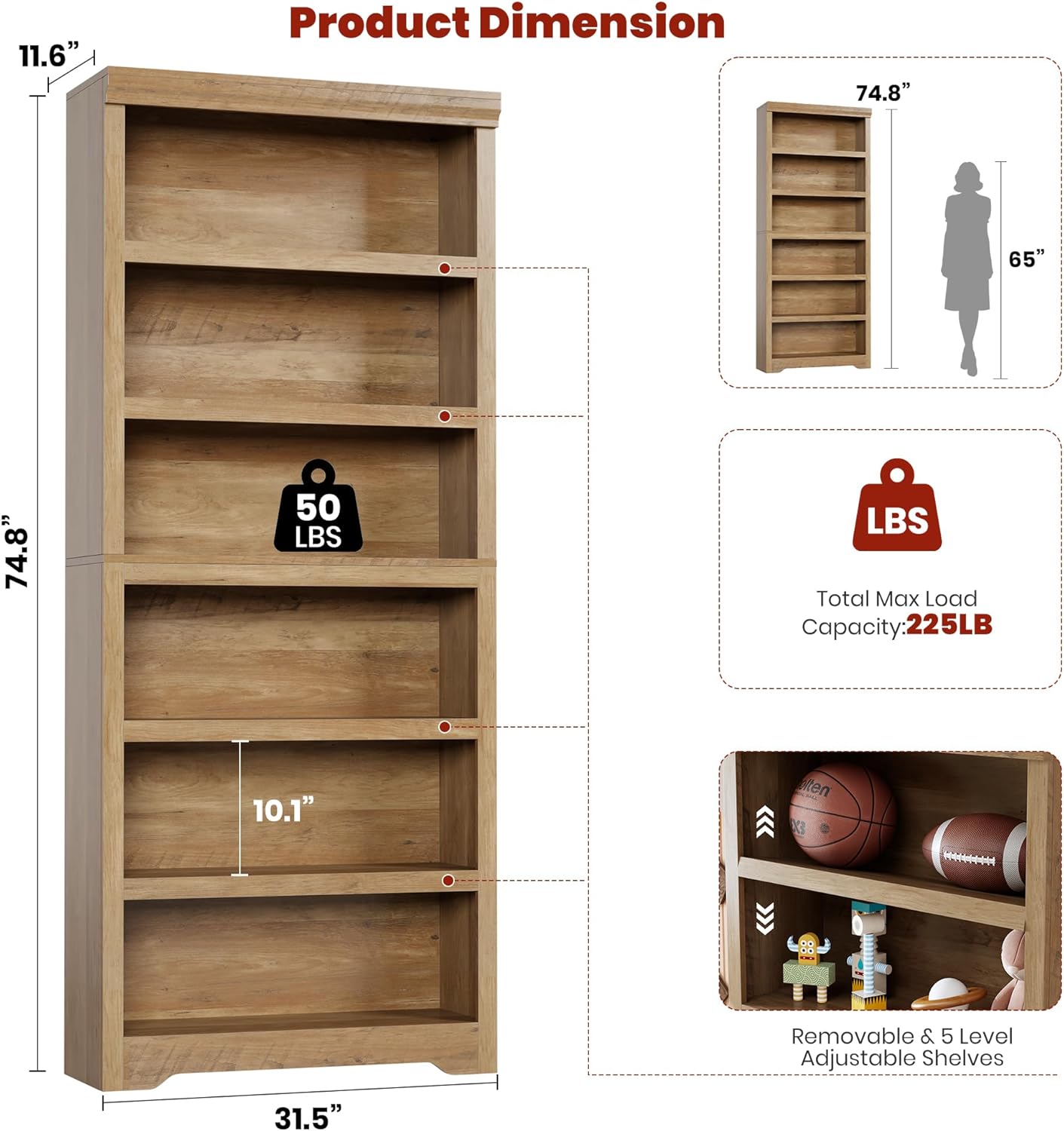 Garvee 6 Tier Bookshelf, 75" Tall Farmhouse Bookcase with Adjustable Shelves, 31.5" W Floor Standing Open Display Storage Rack with Anti-Slip Design for Home Office, Balcony, Library, Study / Living Room, Brown