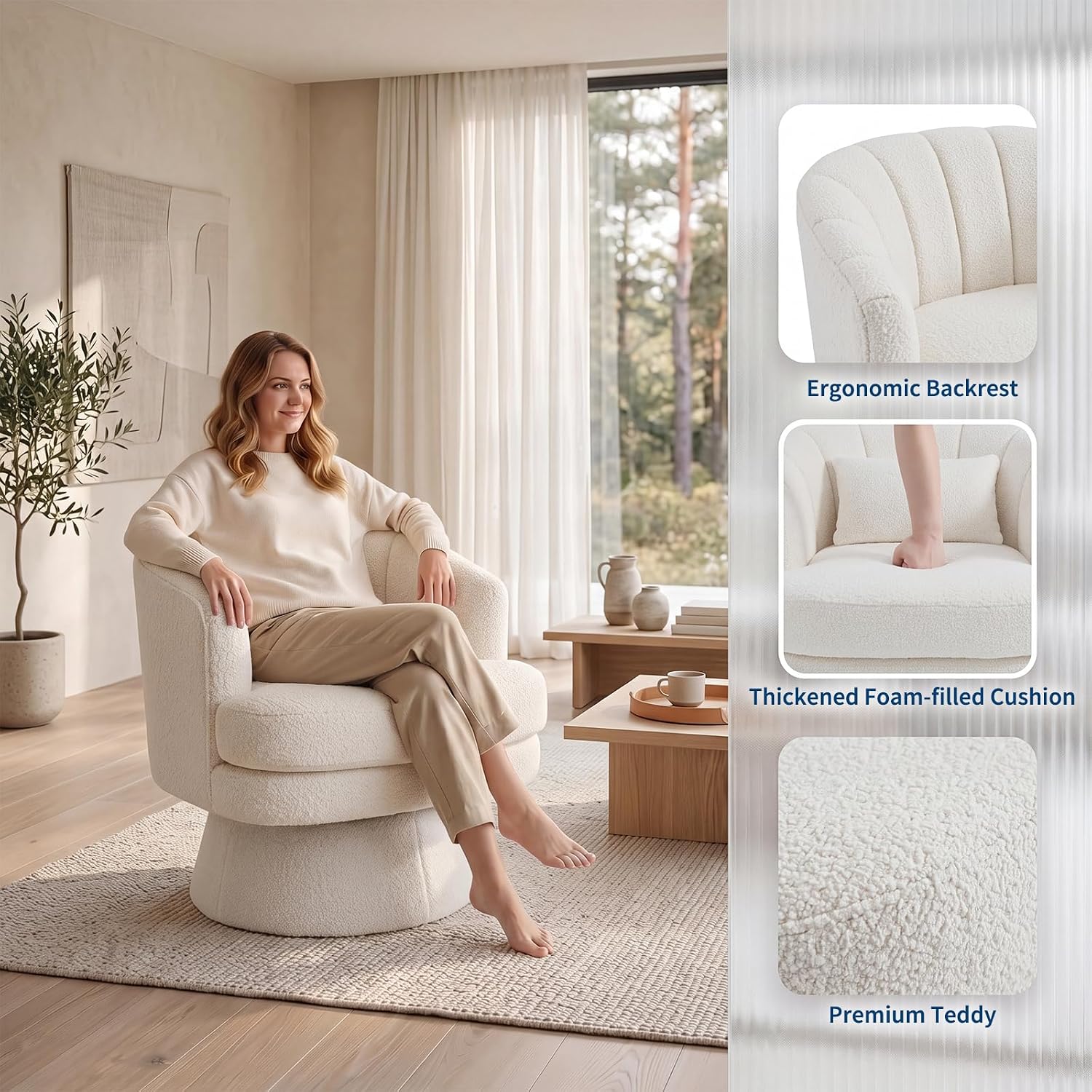 Garvee 360° Swivel Barrel Accent Chair with Lumbar Pillow, Soft Upholstered Single Armchair, Round Base for Living Room/Bedroom/Vanity - Lumbar pillow | Stuffed fur | Beige