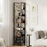 Garvee Narrow Tall Bookcase 6 Tier Storage Shelf Metal Frame Rustic Design for Bedroom, Living Room, Home Office - Vintage