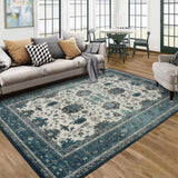 Garvee Machine Washable Rug 8x10 Vintage Design Area Rugs with Non Slip Rugs for Living Room Bedroom Floral Print Rug Carpet Stain Resistant, Blue - Blue