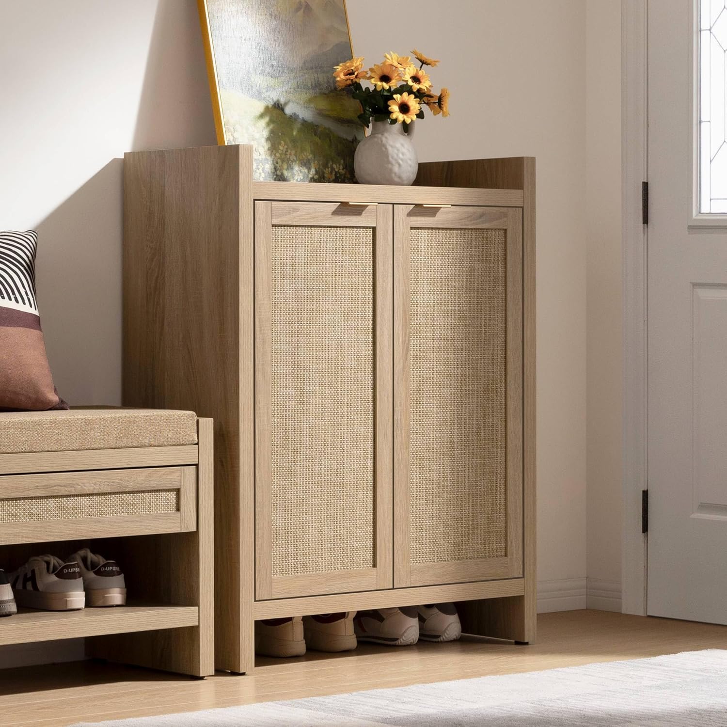 Garvee Boho 32" Rattan Shoe Storage Cabinet with 2 Doors and Adjustable Shelves for Entryway, Hallway, Living Room and Bedroom, Light Oak