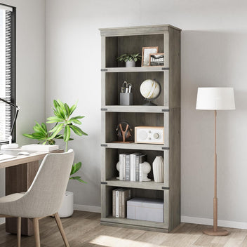 Garvee 5 Tier Farmhouse Bookcase, 67.4 in Tall Book Shelf with Storage, Wooden Bookshelves 5 Shelf Display Shelvesfor Home Office, Living Room, Bed Room (Gray, 67.4 in H x 24.4 in W x 12.8 in D)