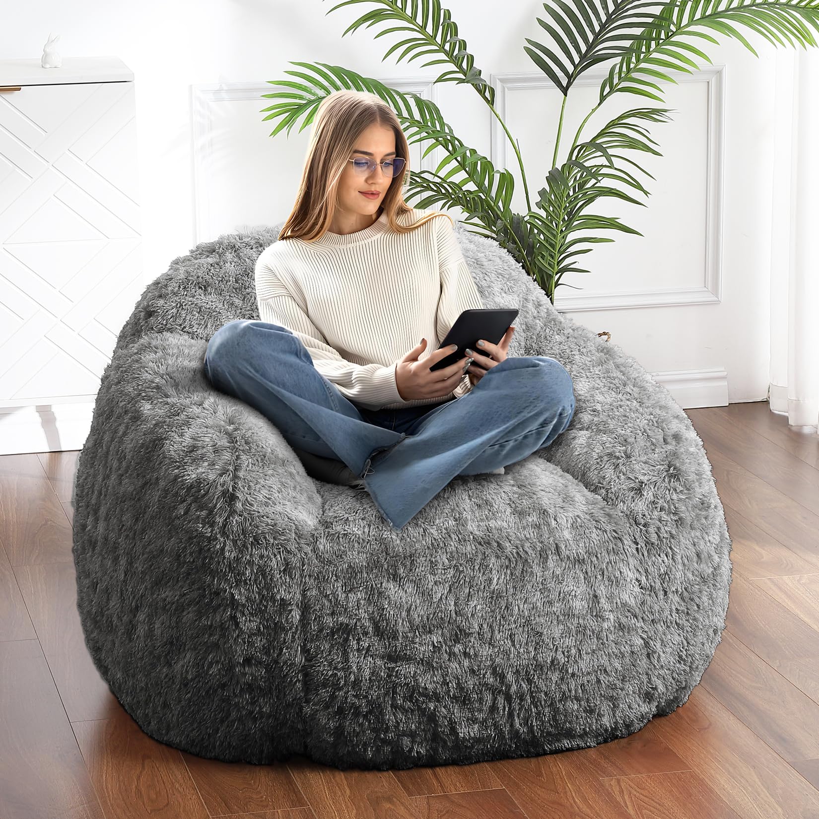 A plush, round, gray bean bag chair with high-density foam filling, soft touch, removable cover, and non-slip backing, measuring 37 inches in diameter.