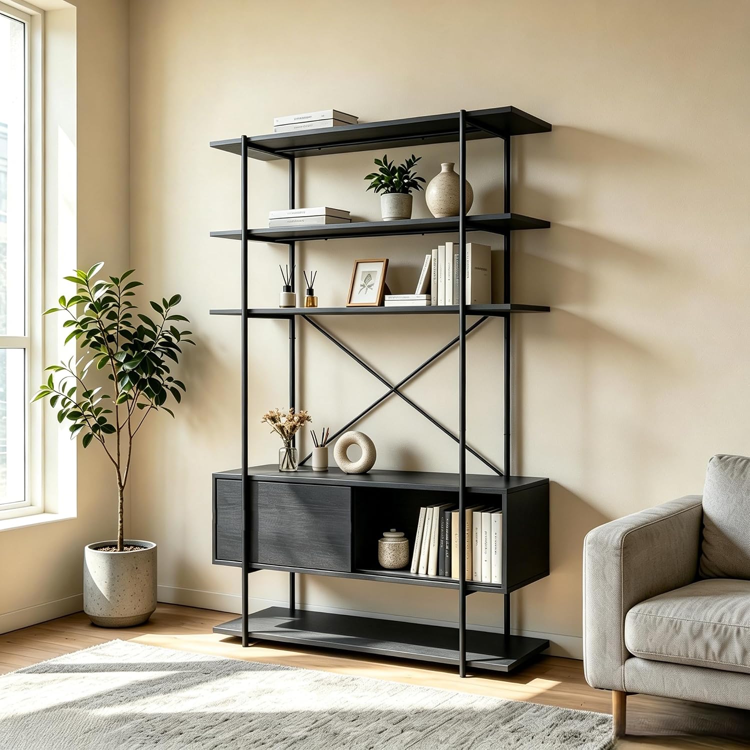 Garvee Industrial 5-Tier Entryway Storage Cabinet – Heavy Duty Wood & Metal Shelving, Freestanding Organizer with Cabinet for Home Office, Living Room or Hallway – Sturdy Bookshelf, Black Embossed