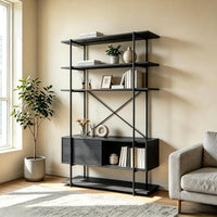 Garvee Industrial 5-Tier Entryway Storage Cabinet – Heavy Duty Wood & Metal Shelving, Freestanding Organizer with Cabinet for Home Office, Living Room or Hallway – Sturdy Bookshelf, Black Embossed