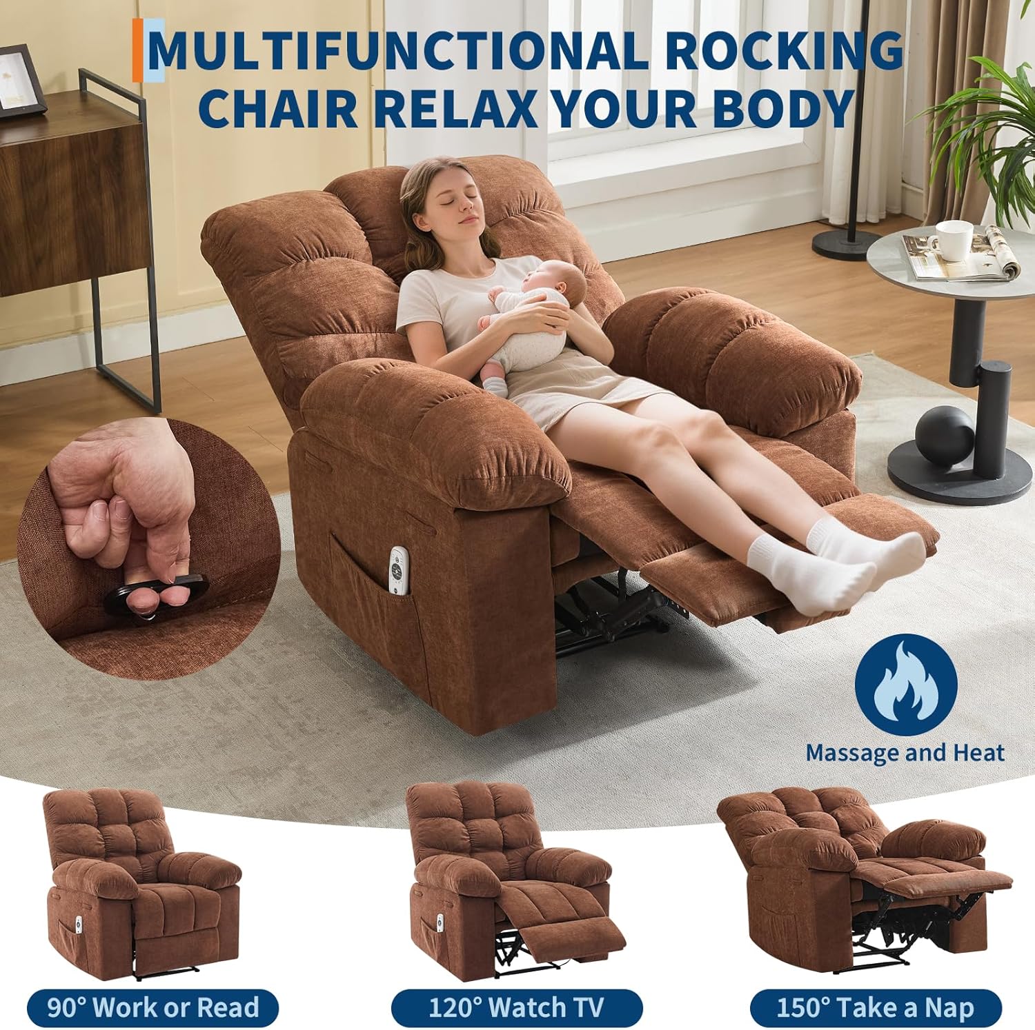 Garvee Recliner Chair with Massage and Heat, Single Sofa Wide Rocker Chair, Heat Ergonomic Overstuffed Breathable Fabric Reclining Chair with 2 Side Pockets, Remote Control, Living Room, Brown