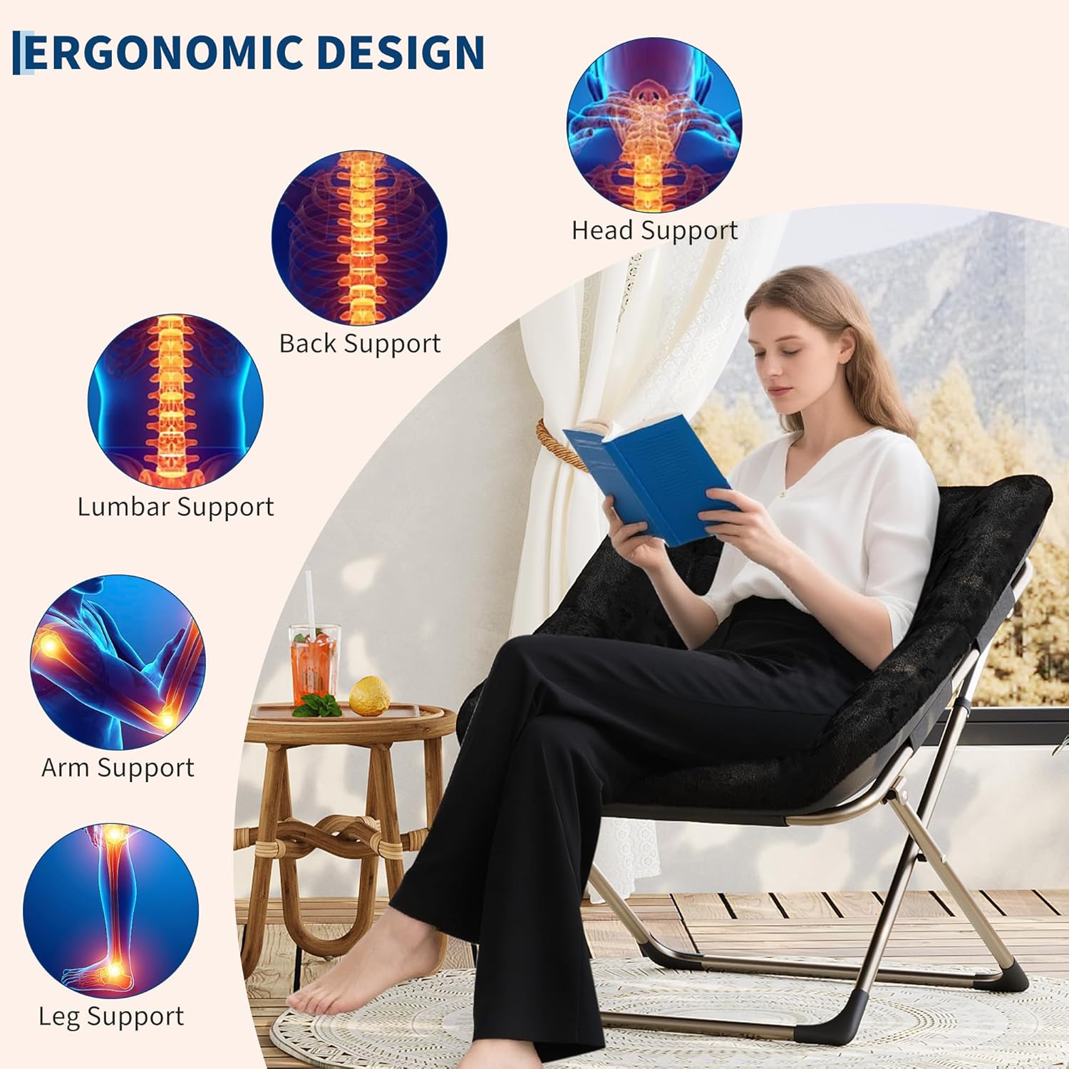 Garvee Folding Saucer Chairs for Adults, Comfy Faux Fur Lazy Chair with Metal Frame, 300 LB Capacity, No Assembly Required for Living Room, Bedroom, Dorms, Black