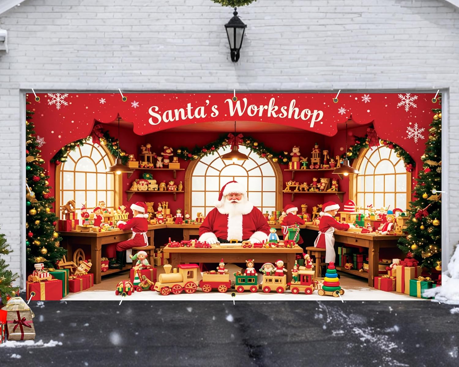 Garvee Large Christmas Garage Door Cover 7x16 ft, Festive Holiday Garage Door Banner for Home, Church, Party, Wall Decorations (Santa’s Shop)