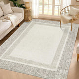 Garvee Bordered Beige 9x12 Machine Washable Area Rug – Modern Soft, Non-Slip, Low-Pile Lightweight Carpet for Living Room or Bedroom - Beige