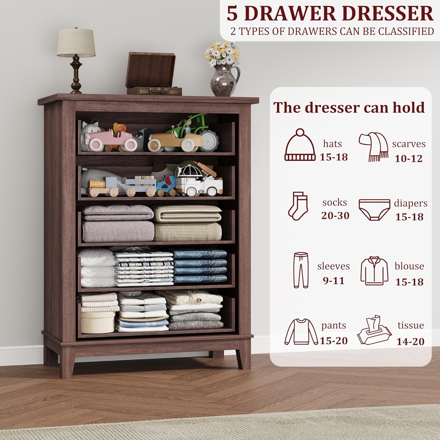 Garvee 5 Dresser for Bedroom, 41.3" Tall Dresser, Vertical Drawer Dresser with Storage Freestanding, Wooden Closet Dresser Storage Dresser Chest for Living Room, Bedroom, Entryway, Brown