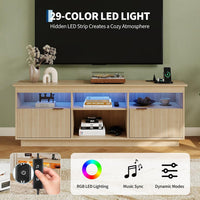 Garvee 70 Inch Fluted TV Stand for TVs Up to 80", Mid Century Modern Entertainment Center with Power Outlet & LED Light, Wood Media Console with Storage Cabinets, Oak