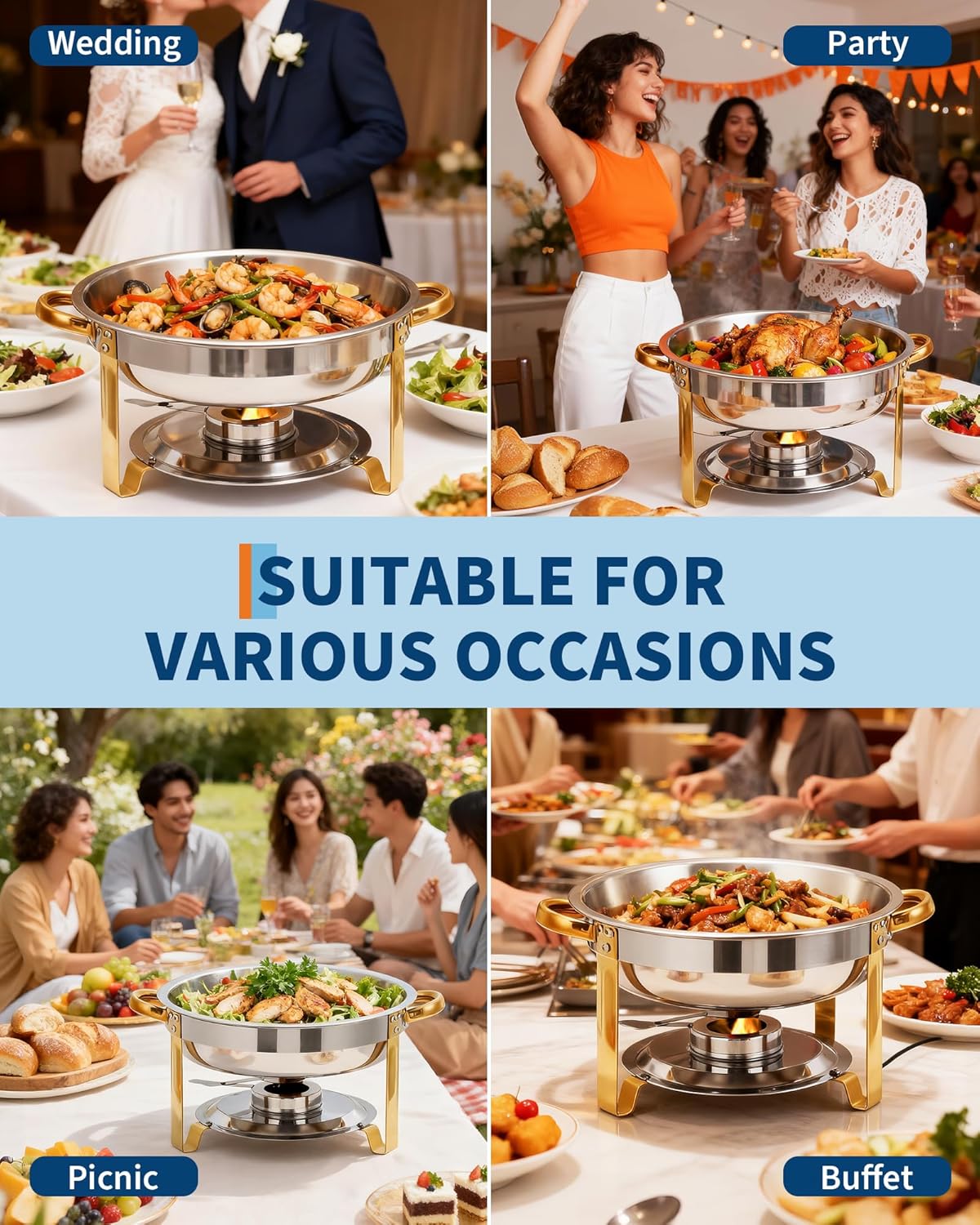 Garvee 6 Pack Chafing Dishes for Buffet, 5 QT Round Buffet Servers and Food Warmer Set with Lid, Stainless Steel Chafers for Catering Parties Wedding Banquet, Gold