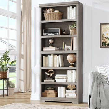 Garvee 6 Tier Bookshelf, 75" Tall Farmhouse Bookcase with Adjustable Shelves, 31.5" W Floor Standing Open Display Storage Rack with Anti-Slip Design for Home Office, Balcony, Library, Study / Living Room, Gray