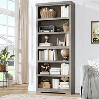 Garvee 6 Tier Bookshelf, 75" Tall Farmhouse Bookcase with Adjustable Shelves, 31.5" W Floor Standing Open Display Storage Rack with Anti-Slip Design for Home Office, Balcony, Library, Study / Living Room, Gray
