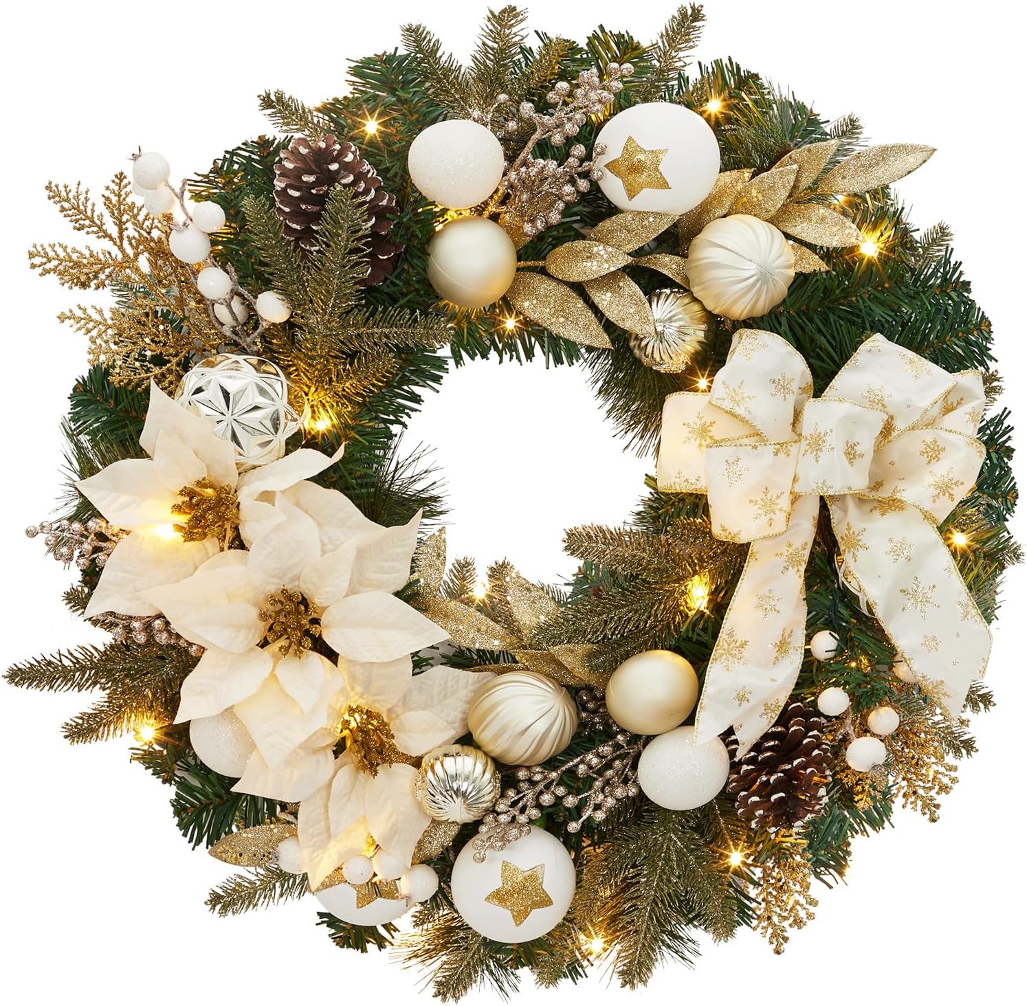 Garvee Pre-Lit Christmas Wreath for Front Door, 24 Inch Large Lighted Wreath with Xmas Balls, Artificial Flower & Bow, Battery Operated Christmas Wreath for Fireplace Window Wall Decor, Champagne