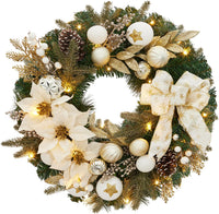 Garvee Pre-Lit Christmas Wreath for Front Door, 24 Inch Large Lighted Wreath with Xmas Balls, Artificial Flower & Bow, Battery Operated Christmas Wreath for Fireplace Window Wall Decor, Champagne