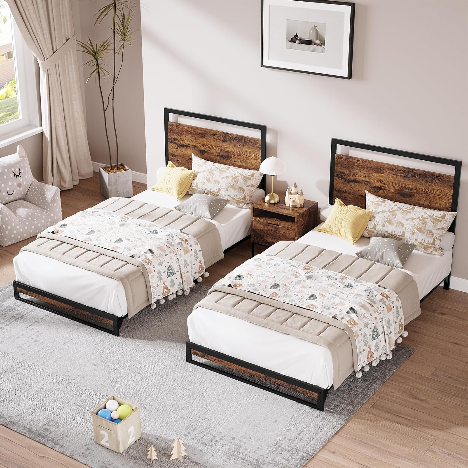 Garvee 6 Inch Twin Bed Frame with Headboard and Footboard, Heavy Duty Slats Support with Under Bed Storage, Non-Slip, Easy Assembly, Rustic Brown