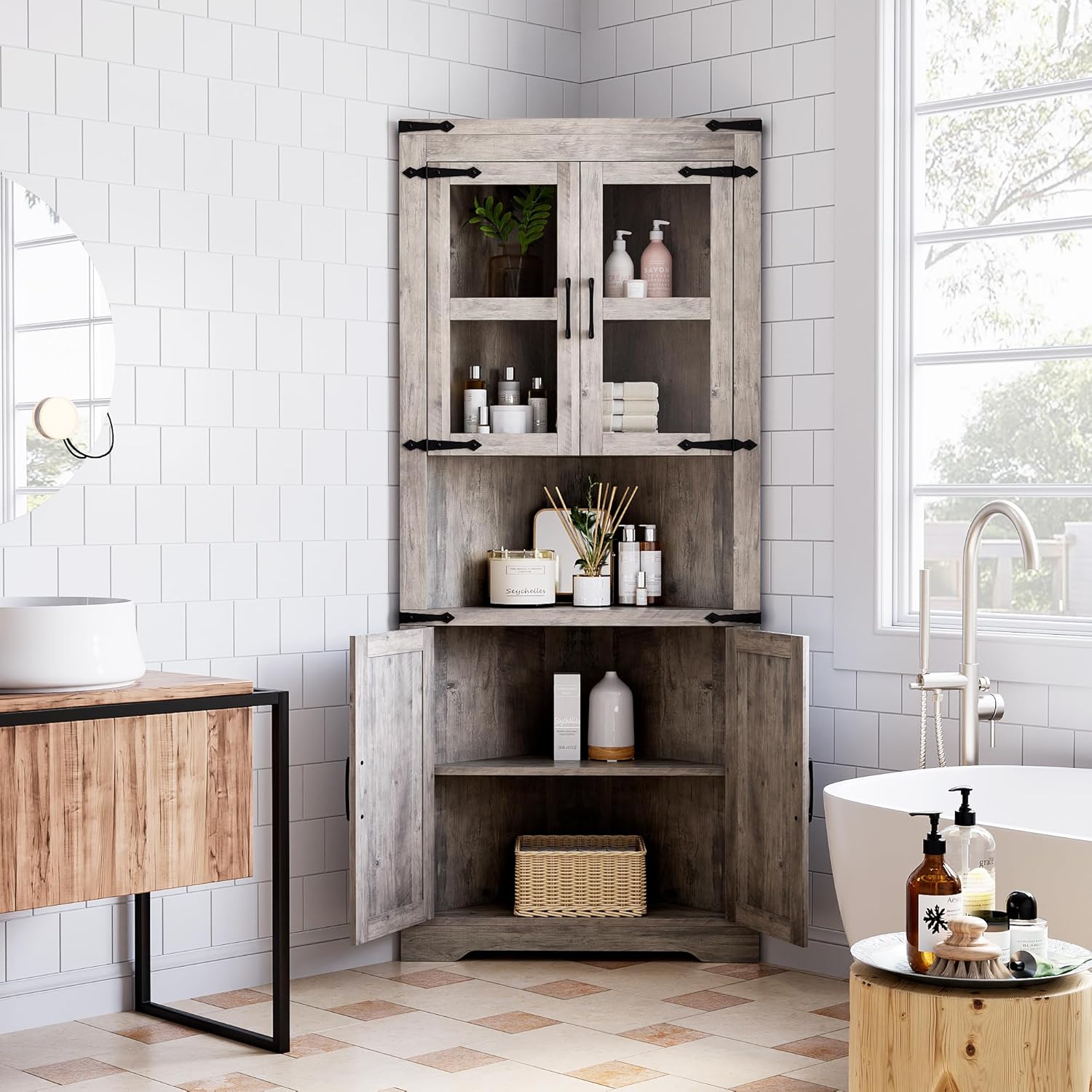 Garvee Farmhouse Corner Cabinet, Tall Corner Storage Cabinet with Barn Door & Adjustable Shelves, Bathroom Cabinet with Storage for Living Room, Kitchen, Bathroom, Gray