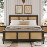 Garvee Full Size Rattan Bed Frame with Headboard, Black Boho Cane Platform Bed Frame with Strong Metal Slat, Noise Free, No Box Spring Needed - Black