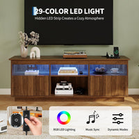 Garvee 70 Inch Fluted TV Stand for TVs Up to 80", Mid Century Modern Entertainment Center with Power Outlet & LED Light, Wood Media Console with Storage Cabinets, Walnut