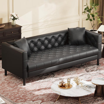 Garvee 81" Modern Chesterfield 3-Seater Sofa Couch - Deep Seat, Button-Tufted Faux Leather, Solid Wood Frame, Easy-Clean Upholstery, Includes 2 Accent Pillows - Black PU
