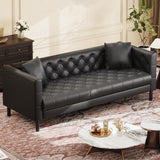 Garvee 81" Modern Chesterfield 3-Seater Sofa Couch - Deep Seat, Button-Tufted Faux Leather, Solid Wood Frame, Easy-Clean Upholstery, Includes 2 Accent Pillows - Black PU - Glossy Black | 81.1"L