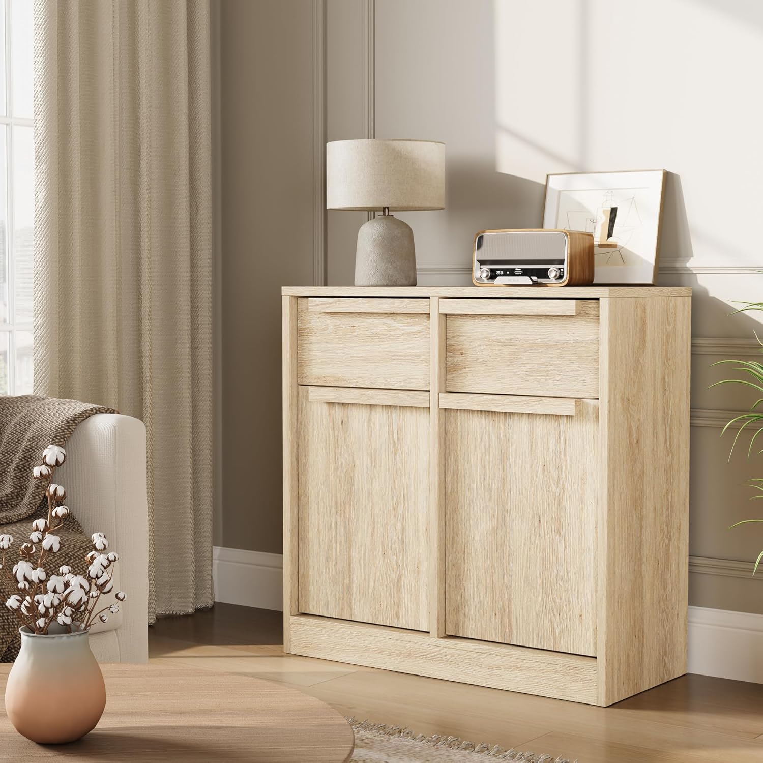 Garvee 31.5" Sideboard Buffet Cabinet with 2 Doors and 2 Drawers for Dining Room, Natural