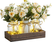 Garvee Farmhouse 3PCS Centerpiece Table Decorations with Roses Artificial Flowers Mason Jars and Wood Tray for Dining Coffee Table, White
