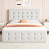 Garvee Queen Size Bed Frame with 4 Storage Drawers and Headboard, Faux Leather Upholstered Platform Bed Frame with Wooden Slats Support, Button Tufted Design, No Box Spring Needed, Beige - Off-white PU(AX-2)