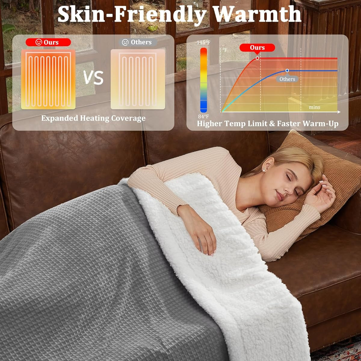 Garvee Heated Blanket Throw, Waffle Electric Throw Blankets with ETL Certified, Soft Flannel Heating Blanket for Couch, 4 Heat Levels, Auto Off, Machine Washable, Grey, 50" x 60"
