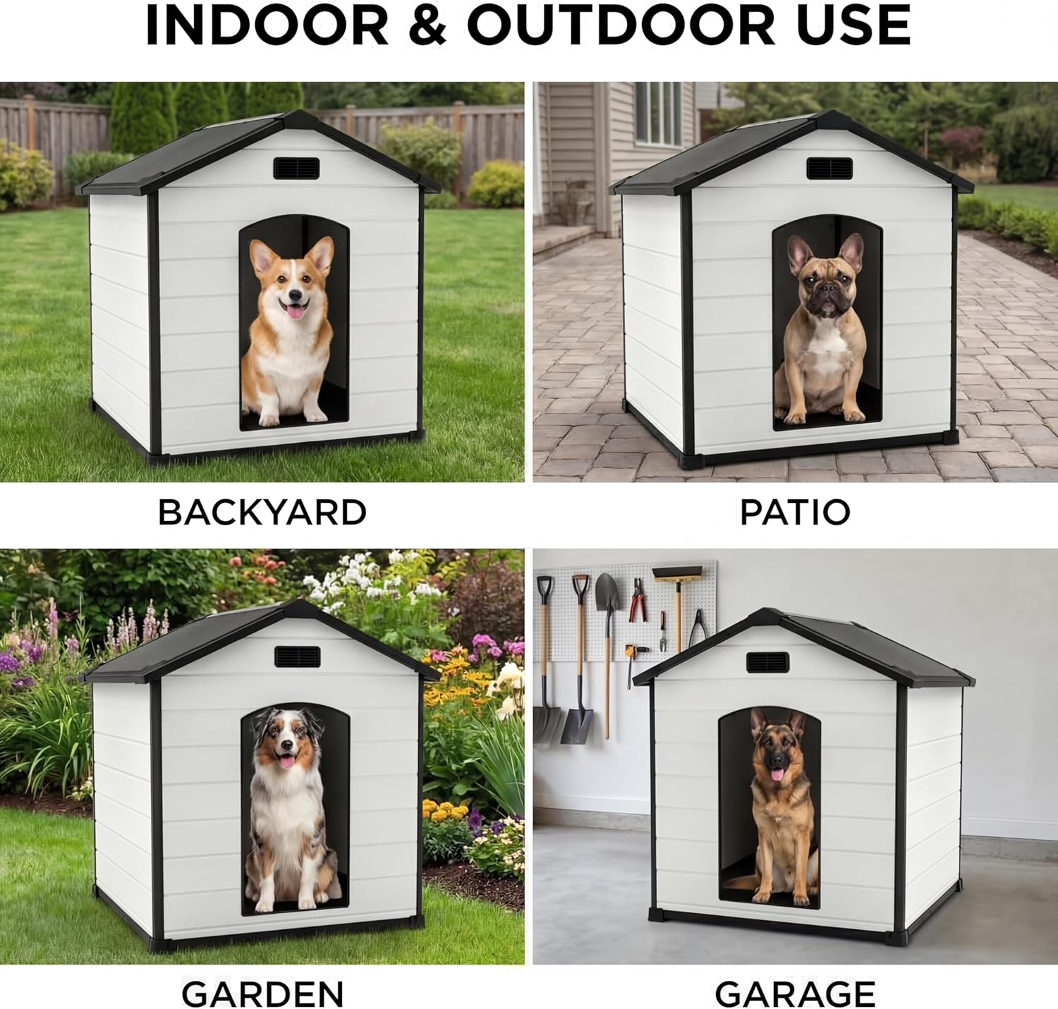 Garvee Large Dog House Indoor Outdoor Waterproof, 46" Durable Plastic Dog Kennel with Raised Floor, Removable Roof & Air Vent for Small to Large Dogs, Easy Assembly