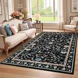 Garvee Floral 6x9 Black Washable Rug Low Pile Farmhouse Floral Rug Non-Shedding Indoor Foldable Printed Carpet Black for Bedroom Dining Room Kitchen - Black