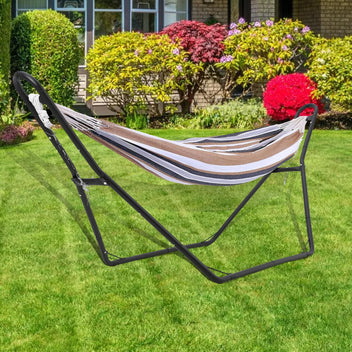 Universal hammock stand for 9.5 to 14 ft hammocks, ideal for outdoor and indoor use. 