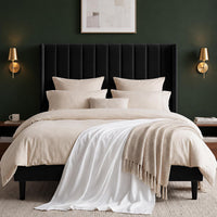 Garvee Velvet Upholstered Platform Bed Frame with 52" Tall Wingback Vertical Channel-Tufted Headboard, Wood Slat Support, Underbed Storage, No Box Spring Needed, Easy Assembly - Full, Black