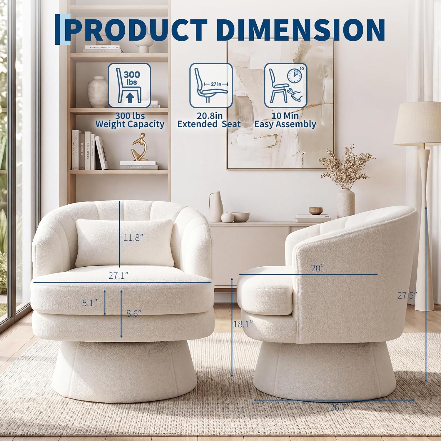 Garvee 360° Swivel Barrel Accent Chair with Lumbar Pillow, Soft Upholstered Single Armchair, Round Base for Living Room/Bedroom/Vanity - Lumbar pillow | Stuffed fur | Beige