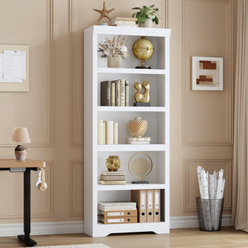Garvee 5 Tier Bookshelf, 69" Tall Farmhouse Bookcase with Adjustable Shelves, 23.6" W Floor Standing Open Display Storage Rack with Anti-Slip Design for Home Office, Balcony, Library, Study / Living Room, White