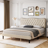Garvee Queen Size Bed Frames Platform Upholstered Bed with Diamond Tufted and Adjustable Headboard, No Box Spring Needed for Bedroom, Bedroom Furniture in Beige - Beige