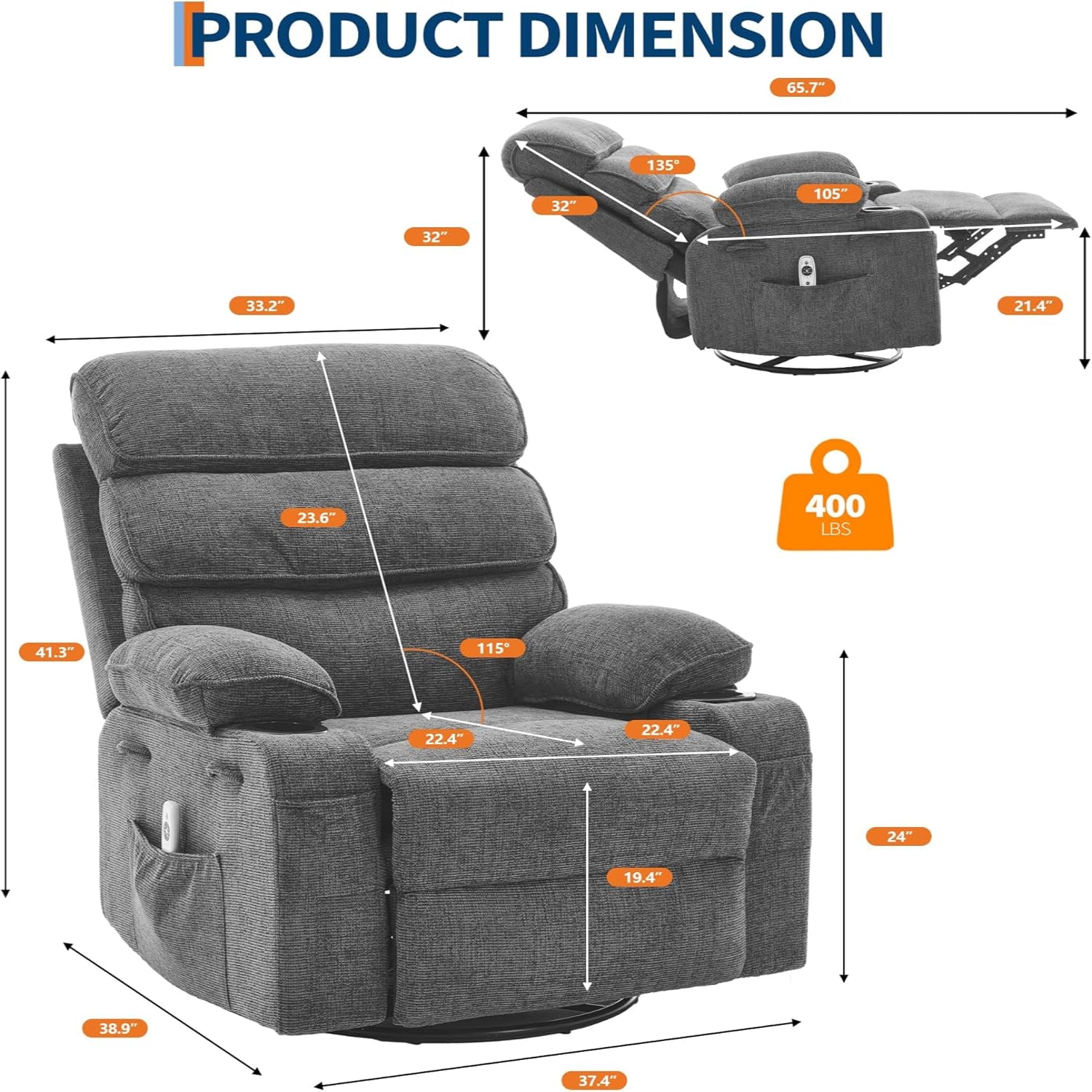 Garvee Massage Rocker Recliner with Heating, 360° Swivel Glider Recliner Chairs for Adults, Linen Nursery Chair with Side Pocket, Two Cup Holders, Grey