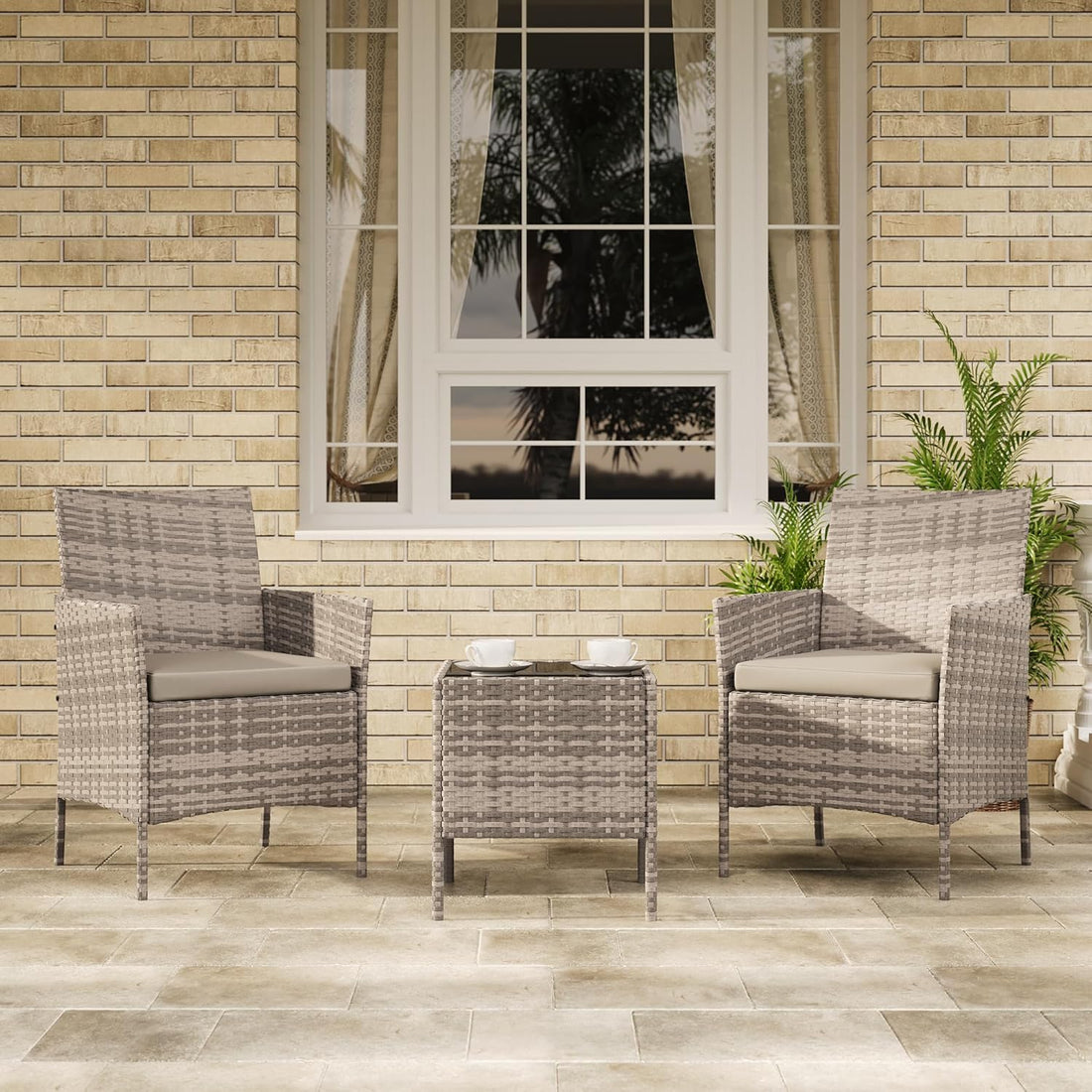 Garvee Patio Porch Furniture Sets 3 Pieces PE Rattan Wicker Chairs with Table Outdoor Garden Furniture Sets
