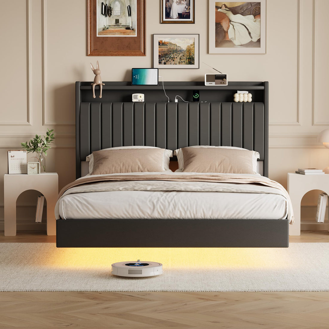 Full size floating bed frame with RGB LED lights and charging station, black