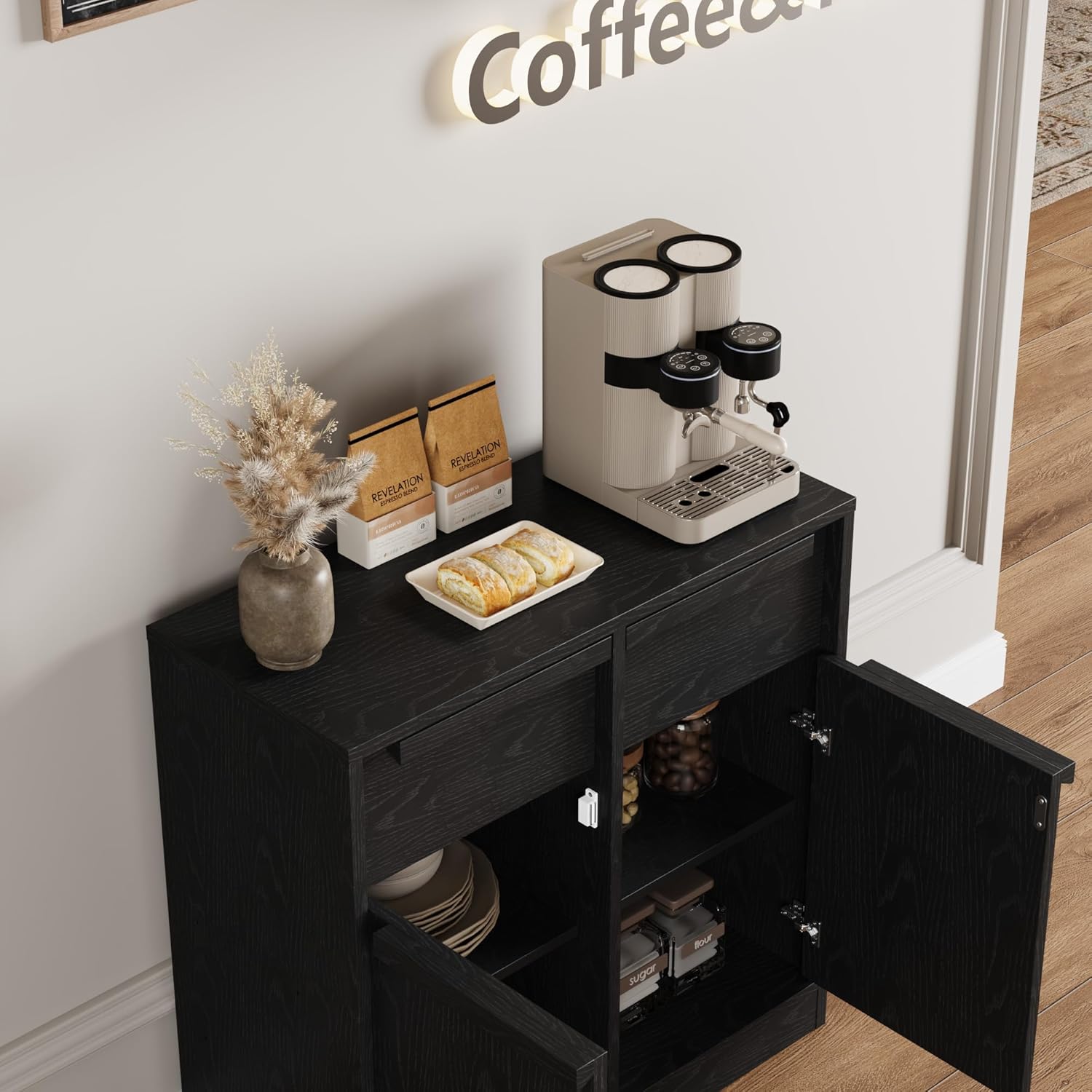 Garvee 31.5" Sideboard Buffet Cabinet with 2 Doors and 2 Drawers for Dining Room, Black