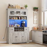 Garvee 68.7" Pantry Cabinet with LED Light and Charging Station, Kitchen Storage Cabinet, Large Hutch with Adjustable Shelves, White - Grey