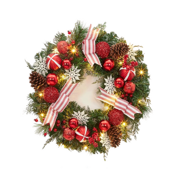 Garvee Lighted Christmas Wreath with Pine Cones and Berries, 20 LED Lights, Artificial Durable Material, Striped Bows, Battery Operated, Outdoor Front Door Decor