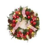 Garvee Lighted Christmas Wreath with Pine Cones and Berries, 20 LED Lights, Artificial Durable Material, Striped Bows, Battery Operated, Outdoor Front Door Decor