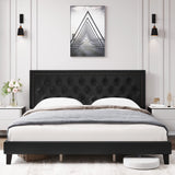 Garvee King Size Bed Frame with Tufted Faux Leather Headboard, Upholstered Platform Bed with Adjustable Headboard, Wood Slat Support, No Box Spring Needed, Easy Assembly, Black - Black