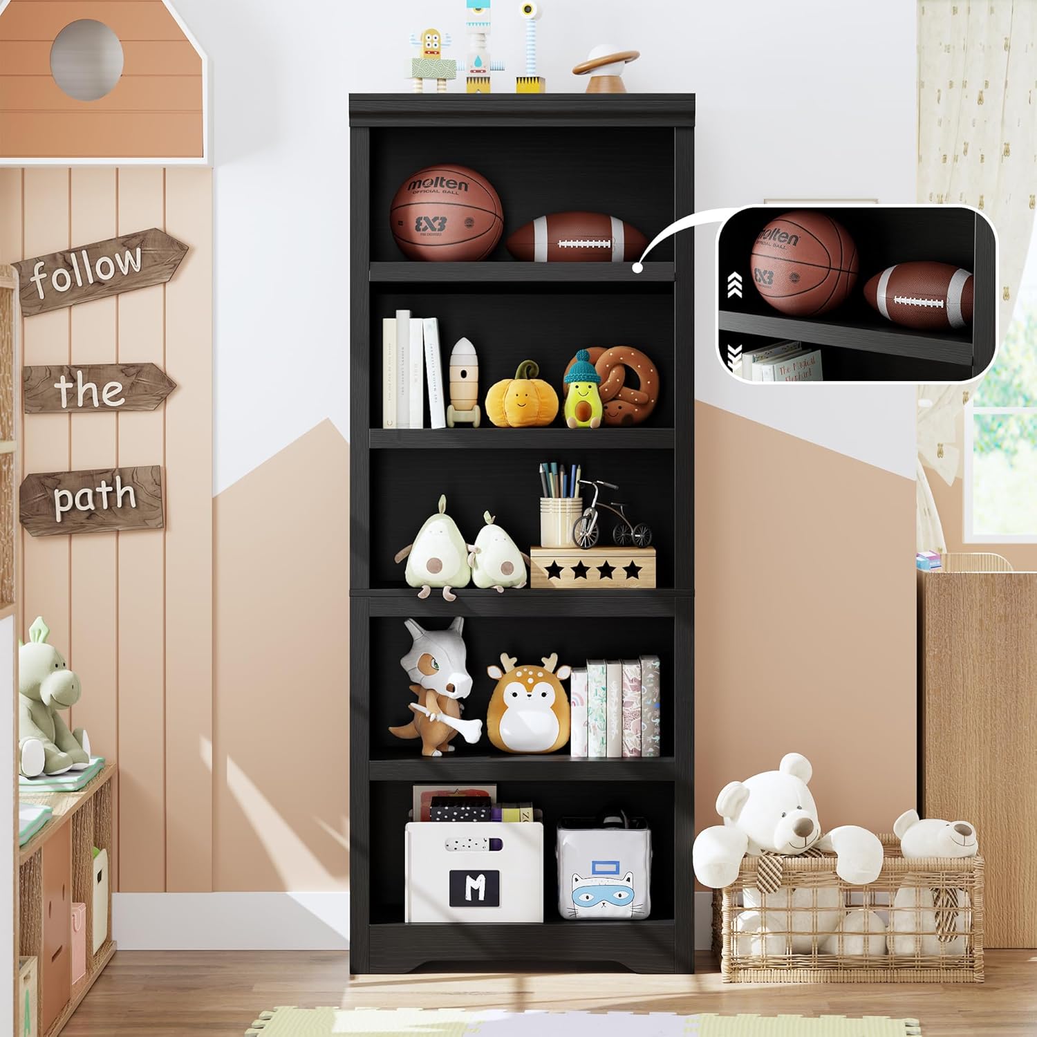 Garvee 5 Tier Bookshelf, 69" Tall Farmhouse Bookcase with Adjustable Shelves, 23.6" W Floor Standing Open Display Storage Rack with Anti-Slip Design for Home Office, Balcony, Library, Study / Living Room, Black