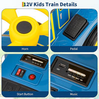 Garvee 12V Kids Ride On Train Trackless 2-Seater Dual Motor Rubber Wheels Light Music Blue Outdoor Fun